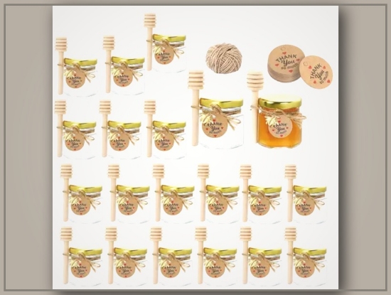 Picture of Mini Hexagonal Glass Honey Jars – 1.5oz, Sets of 20/30/50/60, with Spoons & Thank You Cards