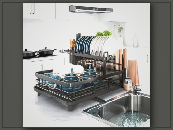 Picture of Large Capacity Black Iron Dish Rack with Two Tiers – Foldable, Space-saving, Durable Kitchen Drying Rack