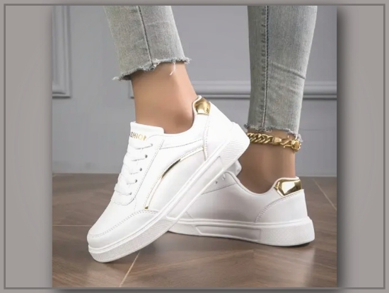 Picture of Women’s Stylish White Sneakers with Gold Accents – Casual Lace-Up Athletic Shoes