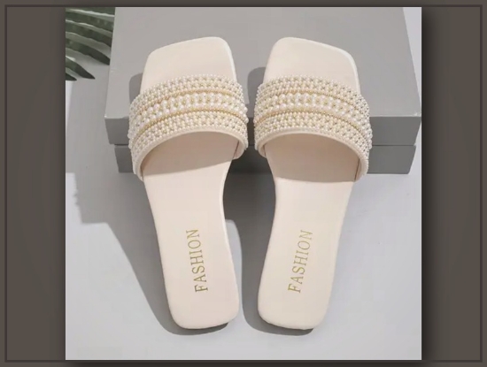 Picture of Elegant Women's Summer Flat Slide Sandals – Pearl & Rhinestone Embellishments