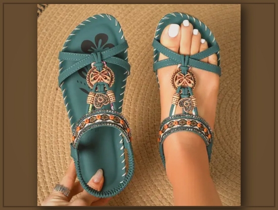 Picture of Tribal Style Striped Flat Shoes – Summer Beach Sandals with Rhinestone Accents