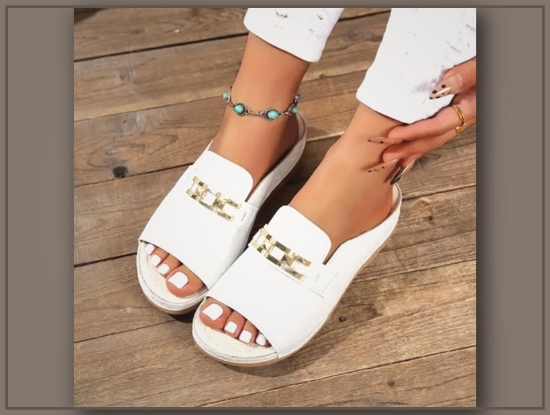 Picture of Women’s Chunky Sole Platform Sandals – White Slip-On, Gold Buckle, Open Toe