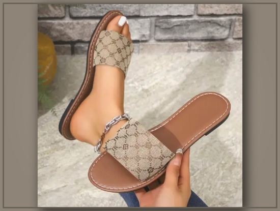Picture of Women’s Summer Flat Slide Monogram Sandals – Open Toe, Floral Pattern, Fabric Upper