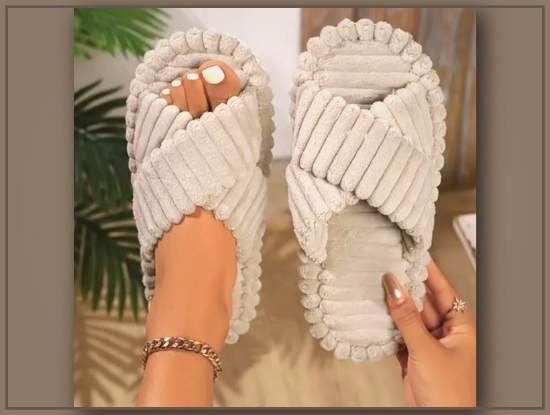 Picture of Women’s Cozy Striped Fabric Slippers – EVA Sole, Light Beige/Brown, Indoor & Outdoor