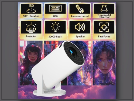 Picture of ZRZTM Mini Portable LED Projector – 4K HD, 180° Focus, Built-in Sound