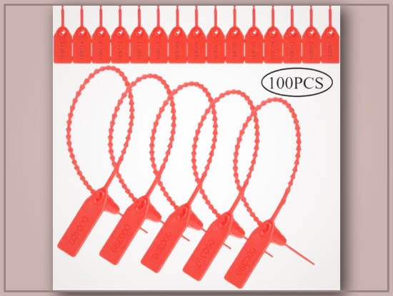Picture of Red Plastic Tamper Seals with Zip Ties – 250mm, Numbered, Self-Locking Security Tags
