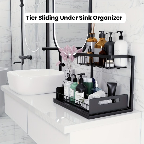 Picture of 2-Tier Sliding Under Sink Organizer with Metal Frame – Multi-Purpose Kitchen & Bathroom Storage Basket