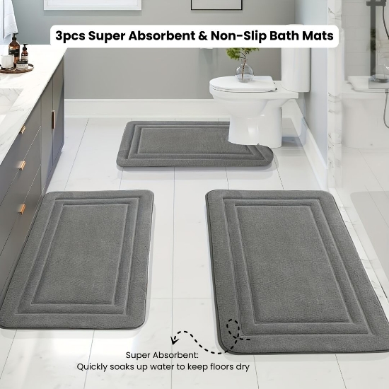 Picture of 3pcs Super Absorbent & Non-Slip Bath & Floor Mats – Soft, High-End, Bathroom & Shower Decor