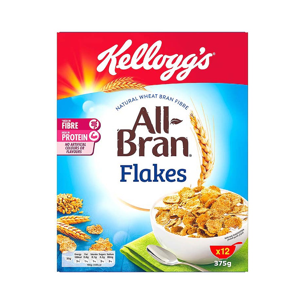 Kelloggs All Bran Flakes Cereal 375GR Carton Pack of 18