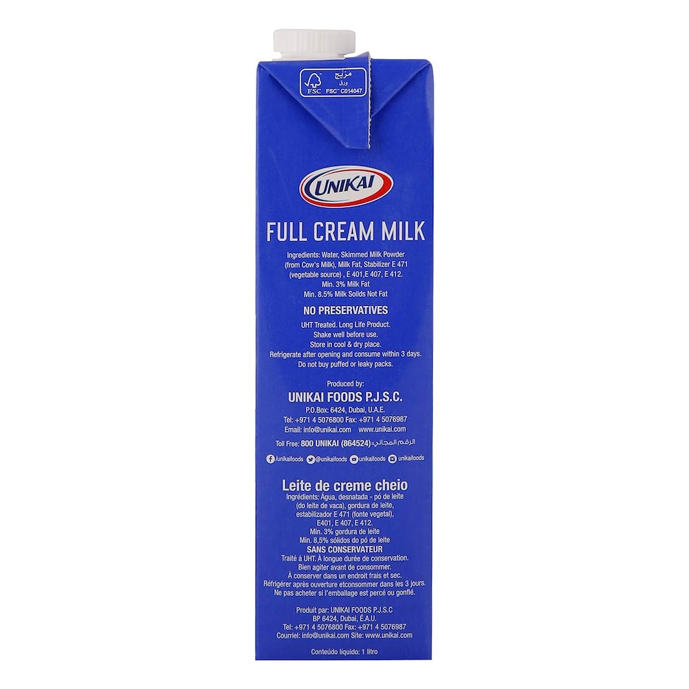 Unikai Full Cream Milk 4x1L | Fresh Dairy Value Pack | Dubai UAE